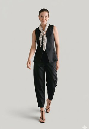 Czarna bezrękawnik z dekoltem w kształcie litery V, zestawiony z czarnymi zwężanymi spodniami. Na szyi związano biały szalik w wzory. Całość dopełniają czarne sandały na obcasie.