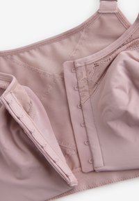 Light mauve bra with front hook-and-eye closures, soft cups, lace trim, and mesh fabric details on a white background.