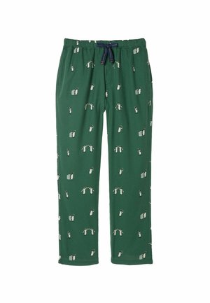Green pajama pants made of soft fabric, featuring an all-over print of small penguins and icebergs. Elastic waistband with drawstring.