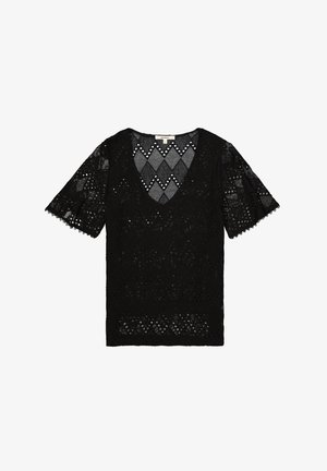 Zwarte korte mouwen kanten blouse met V-hals, voorzien van geometrische en bloemmotief uitsnijdingen in de stof.