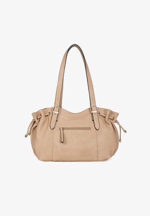 Sac fourre-tout en cuir beige avec deux poignées, fermetures à cordon sur les côtés et une poche zippée à l'avant. Caractéristiques accents en matériel doré.