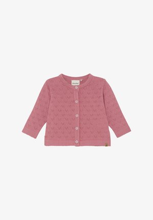 Cardigan rosa lavorato a maglia con maniche lunghe, caratterizzato da un motivo a cuore, scollo rotondo e chiusura con bottoni sul davanti. Accentuato da una piccola etichetta sull'orlo.