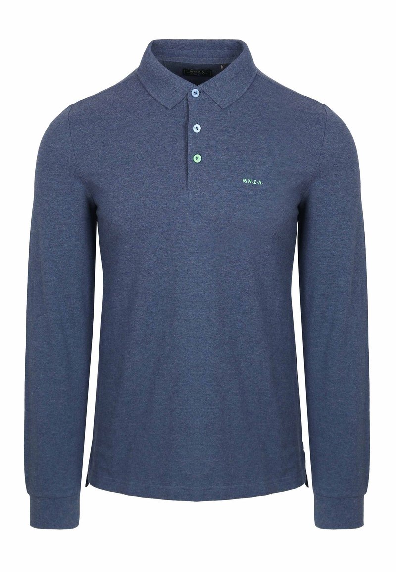 Langarm poloshirt van donkerblauwe katoen, met een drieknoopsluiting, lichtblauwe en groene knopen, en een subtiele logo op de borst.
