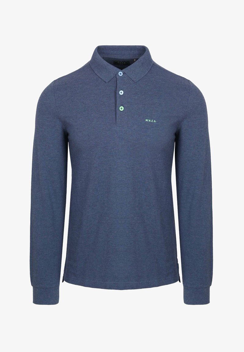 Langarm poloshirt van donkerblauwe katoen, met een drieknoopsluiting, lichtblauwe en groene knopen, en een subtiele logo op de borst.