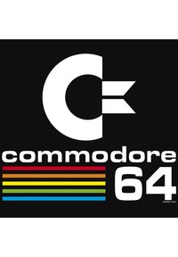 Black background with large white "C" logo, red, yellow, green, and blue stripes, featuring "commodore 64" in bold, white typography.