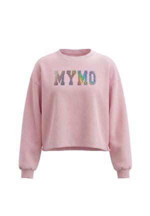 Lyserød langærmet sweatshirt med ribstrikkede ærmegab og flerfarvede glitrede bogstaver, der staver "MYMO" på fronten.