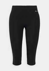Black capri leggings made from stretchy material. Features a smooth texture, ankle-length cut, and small logo accent near the waistband.