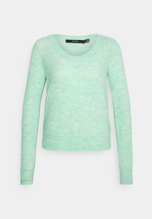 Pull en tricot vert clair à manches longues avec un col rond et des poignets et un ourlet côtelés, présenté sur un fond blanc.