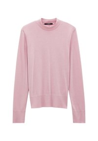 Helles rosa Langarm-Pullover mit hohem Kragen, gerippten Bündchen und Saum, aus einem weichen, glatten Stoff hergestellt. Minimalistisches Design ohne Muster.
