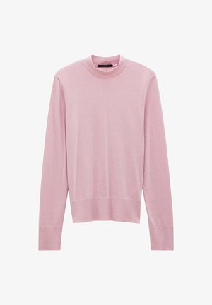 Helles rosa Langarm-Pullover mit hohem Kragen, gerippten Bündchen und Saum, aus einem weichen, glatten Stoff hergestellt. Minimalistisches Design ohne Muster.
