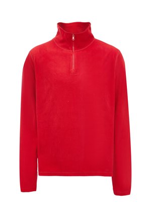 Rød fleece-pullover med halv-lynlås krave, lange ærmer og en blød tekstureret overflade. Ingen synlige logoer eller mønstre.