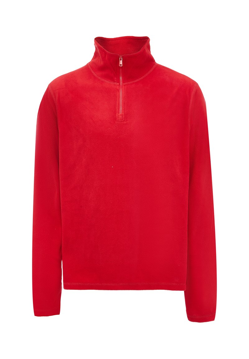 Rød fleece-pullover med halv-lynlås krave, lange ærmer og en blød tekstureret overflade. Ingen synlige logoer eller mønstre.