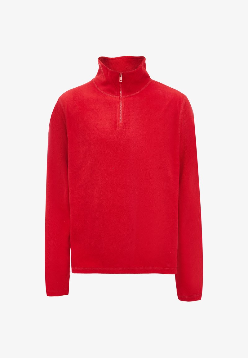 Roter Fleece-Pullover mit einem Reißverschlusskragen, langen Ärmeln und einer weichen Textur. Keine sichtbaren Logos oder Muster.