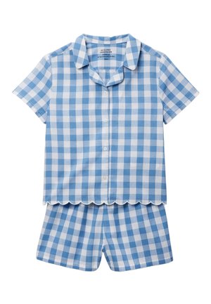 Chemise à manches courtes boutonnée à carreaux bleus et blancs avec ourlet festonné et ensemble short assorti.