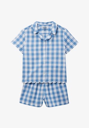 Chemise à manches courtes boutonnée à carreaux bleus et blancs avec ourlet festonné et ensemble short assorti.