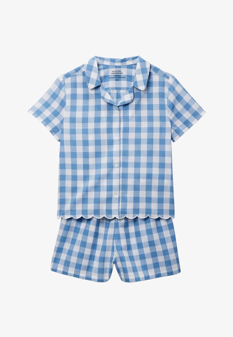 Chemise à manches courtes boutonnée à carreaux bleus et blancs avec ourlet festonné et ensemble short assorti.