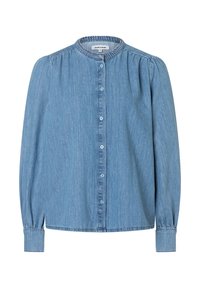 Lichtblauwe denim blouse met lange mouwen, geplooide schouders, ronde ruchesluiting, knoopsluiting aan de voorkant en geknoopte manchetten.