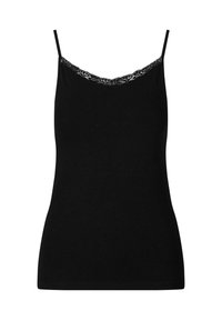 Schwarzes Camisole aus weichem Stoff, mit dünnen verstellbaren Trägern und einer Spitzenborte entlang des Ausschnitts. Figurnah geschnitten, glatte Textur.