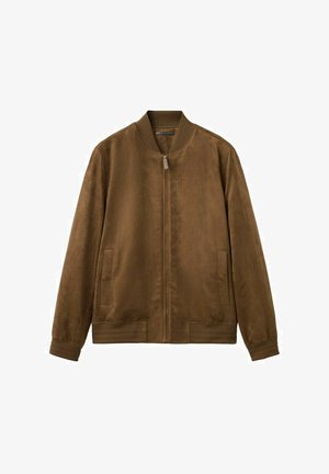 Brown suede bomber jacket with full front zipper, ribbed collar, cuffs, hem, and two side pockets.