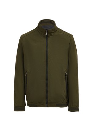 Olivgrüne Jacke mit Stehkragen, Frontreißverschluss und zwei seitlichen Taschen. Glattes, strukturiertes Material mit gerippten Bündchen und Saum.