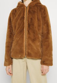 Veste en fausse fourrure marron zippée avec capuche, dotée d'une doublure lisse et de poches latérales. La texture est douce et moelleuse.