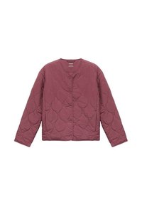 Prošívaná bunda s dlouhým rukávem v barvě maroon, s kulatým výstřihem a zapínáním na knoflíky. Hladký povrch s diamantovým vzorem.