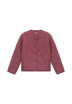 Gestepptes, langärmeliges Jacket in Maroon, mit Rundhalsausschnitt und Knopfverschlüssen. Glatte Textur mit einem durchgehenden Rautenmuster.