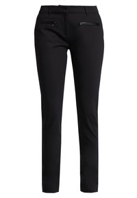 Zwarte broek met een slim fit ontwerp, voorzien van ritszakken en een soepele stofstructuur. De op maat gemaakte snit benadrukt een strakke silhouette.