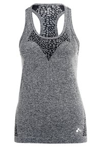 Canotta atletica grigia con un pannello in rete leopardato testurizzato, design a racerback e orlo arrotondato. Presenta un dettaglio del logo nella parte inferiore.