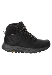Scarponcino da trekking nero con tomaia testurizzata, occhielli in plastica e lacci riflettenti. Presenta una suola Vibram con un design maculato per una migliore trazione.