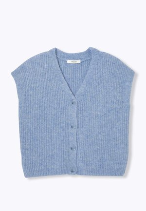 Cardigan sans manches bleu clair en tricot avec col en V et cinq boutons. Présente une texture côtelée et un matériau doux.