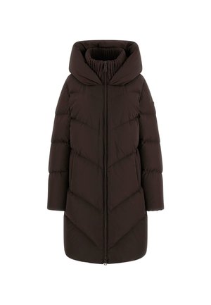Cappotto imbottito marrone con colletto alto e zip frontale. Presenta un motivo a zig zag quilted e maniche lunghe per calore e comfort.