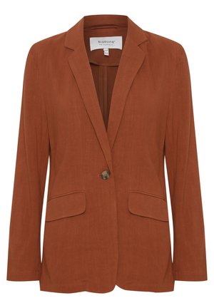 Blazer v rustovej farbe vyrobený z textilného materiálu. Obsahuje jediné zapínanie na gombík, dve predné vrecká a klopený golier. Klasický strih.