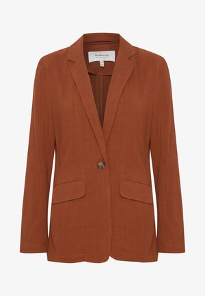 Rust-colored blazer made of textured fabric. Features a single button closure, two front pockets, and a notched collar. Classic fit.