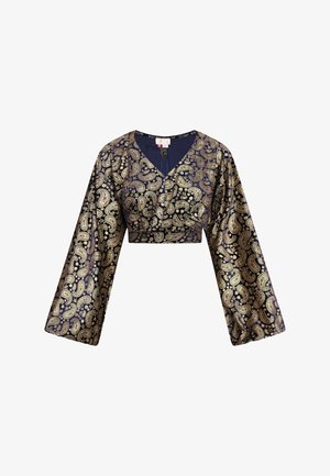 Námořnický crop top s výrazným zlatým paisley vzorem, V-výstřihem a širokými, rozšířenými rukávy. Vyrobeno z hladké tkaniny s mírně lesklým povrchem.
