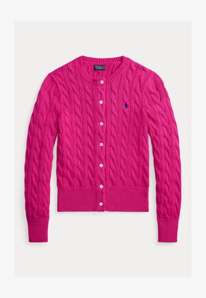 Φούξια ζακέτα πλεκτή με στρογγυλή λαιμόκοψη, πέντε κουμπιά, πλεκτές μανσέτες και τελείωμα, με μικρό λογότυπο στο στήθος.