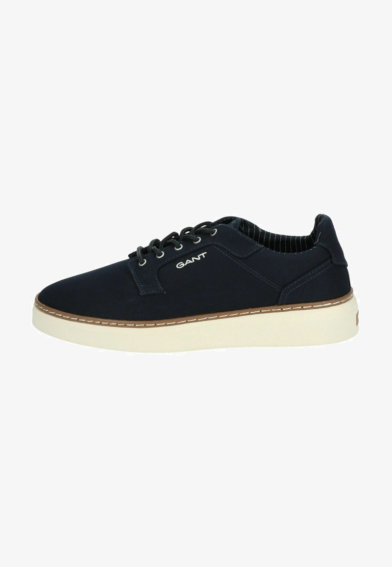 Navy blue canvas sneakers with white rubber sole. Features round laces, stitched detailing, and GANT logo on side.