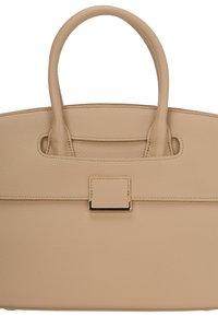 Beige színű bőr kézitáska sima felülettel, két kerek fogantyúval és rectanguláris, fémes kiemeléssel díszített záródással.