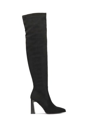 Black over-the-knee boot made of soft fabric with a pointed toe and a chunky block heel. Features a seamless design with a smooth texture.