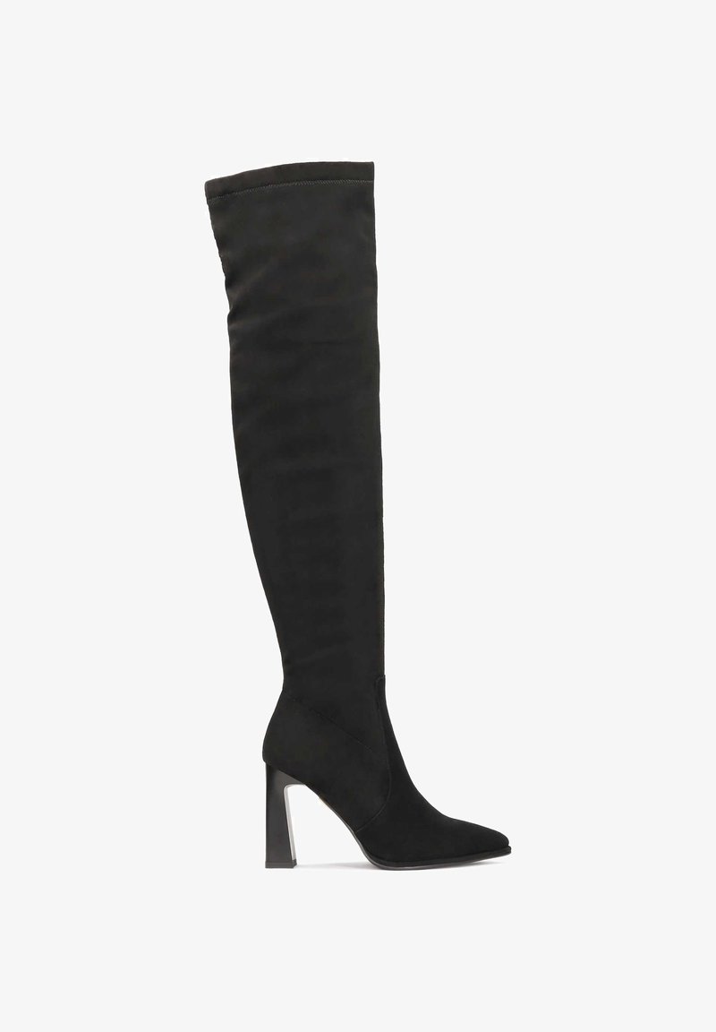Black over-the-knee boot made of soft fabric with a pointed toe and a chunky block heel. Features a seamless design with a smooth texture.