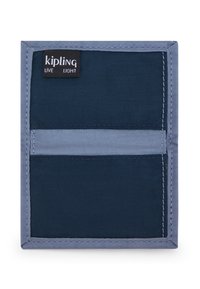 Kipling stofpung i mørkeblå og lys grå, med en glat overflade, syede kanter og et logo-mærke øverst til venstre.