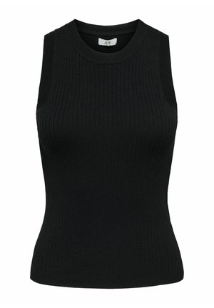 Top negro sin mangas de punto acanalado con forma ajustada y escote redondo. Presenta una textura sutil y sin herrajes o acentos visibles.
