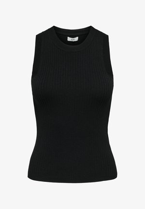 Top negro sin mangas de punto acanalado con forma ajustada y escote redondo. Presenta una textura sutil y sin herrajes o acentos visibles.