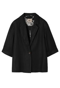 Blazer noir à manches courtes avec fermeture à un bouton et revers crantés, montrant une doublure intérieure à motif et une étiquette taille 36 sur le col.