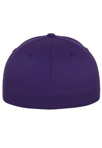 Purple baseball cap with a structured design, smooth texture, and round top. Features a button on top and eyelets for ventilation.