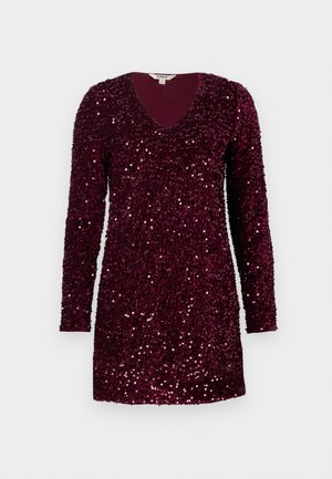 Robe mini à manches longues de couleur bourgogne profonde, recouverte de sequins brillants, avec un décolleté en V et un ourlet droit.