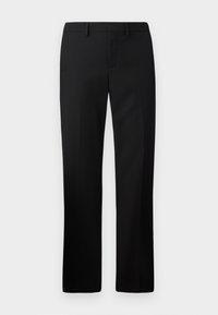 Black tailored trousers with a straight leg design, made from smooth fabric. Features include a flat front and mid-rise waistband.