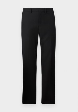 Juodos pritaikytos kelnės su tiesiu kojų dizainu, pagamintos iš lygaus audinio. Savybės: plokščias priekis ir vidutinio aukščio liemuo.