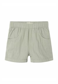 Ljusgröna shorts gjorda av ett mjukt tyg, med resårmidja, två sidofickor och uppvikta fållar.