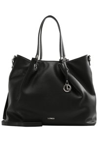 Borsa tote nera in pelle con finitura texturizzata, hardware argentato, manici lunghi e un piccolo pendente con logo su una tracolla removibile.